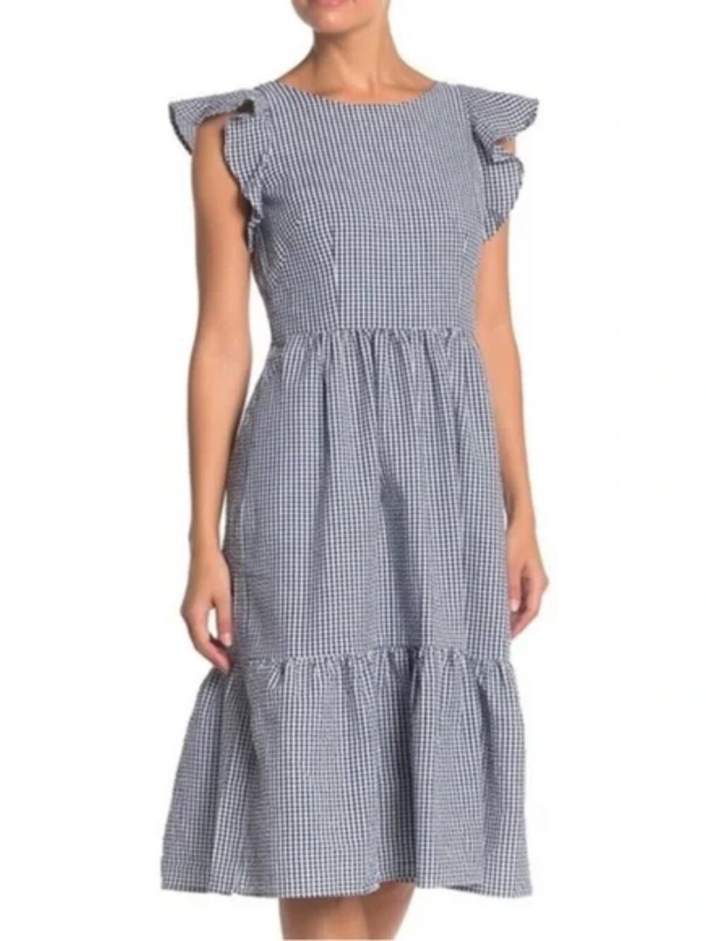 Eliza J Navy White Gingham Ruffle Seersucker Tiered Midi Dress 6 - Cottagecore